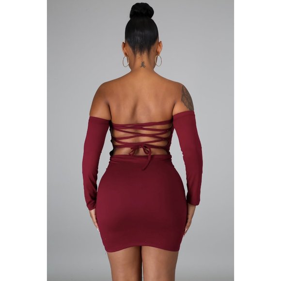 Burgundy Off Shoulder Lace Up Bodycon Dress - Picture 5 of 5